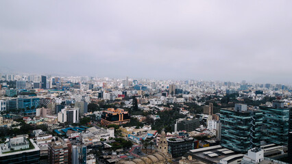 Aerial view of San Isidro financial district in Lima, Peru on a cloudy September day.