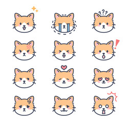 Orange Cat Emoji Icons 12 Emotions Cute Cartoon Kitten Faces