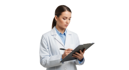 A female doctor in a white lab coat writing on a clipboard, isolated on transparent background