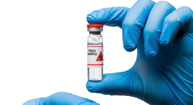 Hand in blue glove holding a small vial with red cap and label, isolated on transparent background - Powered by Adobe