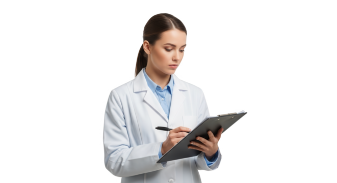 A female doctor in a white lab coat writing on a clipboard, isolated on transparent background - Powered by Adobe
