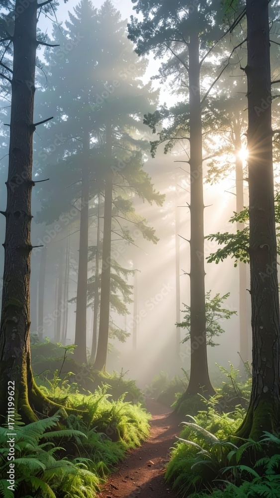 Poster misty forest pathway with sunlight filtering through trees