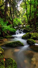 Fototapeta premium Serene Forest Stream Flowing Through Lush Green Mossy Rocks