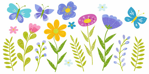 Collection of colorful hand drawn flowers and butterflies on a white background