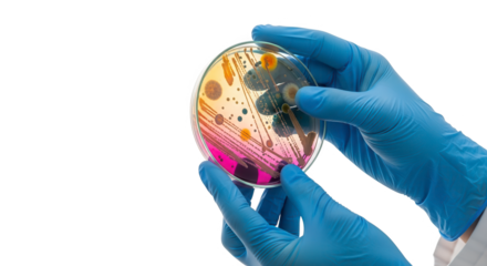 Closeup of gloved hands holding a petri dish with colorful bacterial colonies and mold growth, isolated on transparent background