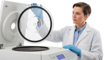 A female scientist in a lab coat and blue gloves opens a centrifuge lid, isolated on transparent background