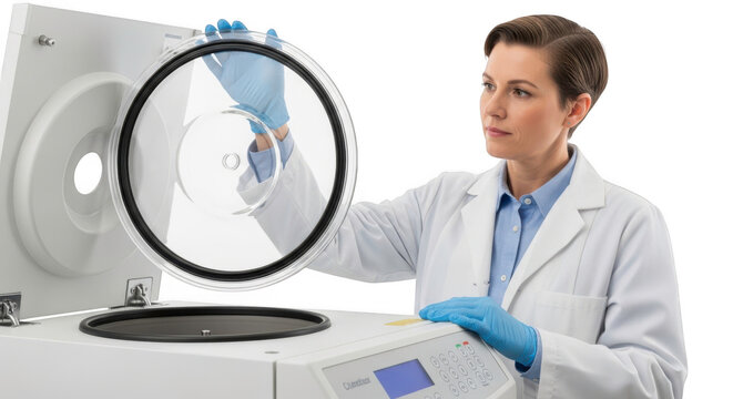 A female scientist in a lab coat and blue gloves opens a centrifuge lid, isolated on transparent background