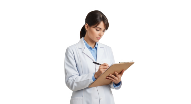 A female scientist in a lab coat writes on a clipboard with a pen, isolated on transparent background