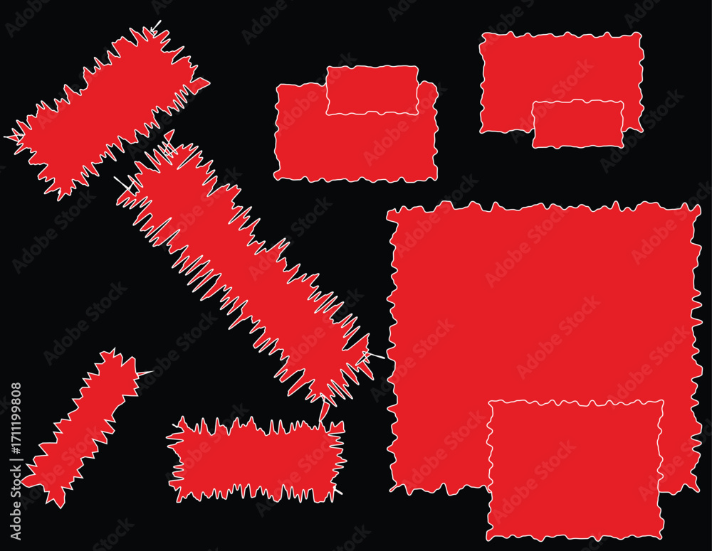Poster set of spiky, distorted red rectangle shapes. ideal for creating eye-catching modern graphics, socia