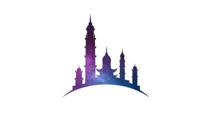 Fototapeta premium Illustration of a mosque silhouette with minarets and domes, decorated with a galaxy-themed purple-blue gradient on a white background.