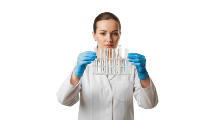 Woman in lab coat and blue gloves holding a rack of test tubes, isolated on transparent background