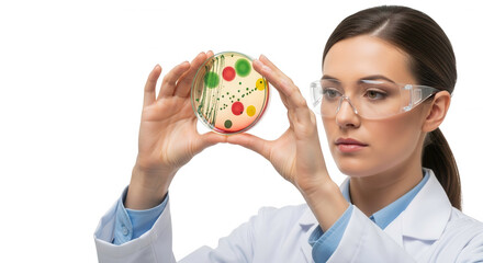 Female scientist examining a petri dish with colorful colonies, isolated on transparent background