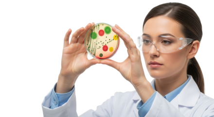Female scientist examining a petri dish with colorful colonies, isolated on transparent background