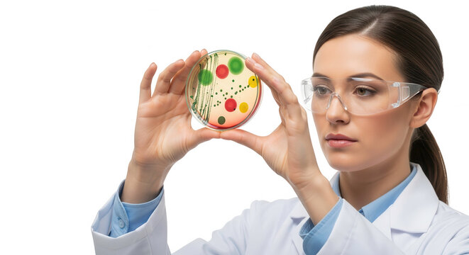 Female scientist examining a petri dish with colorful colonies, isolated on transparent background