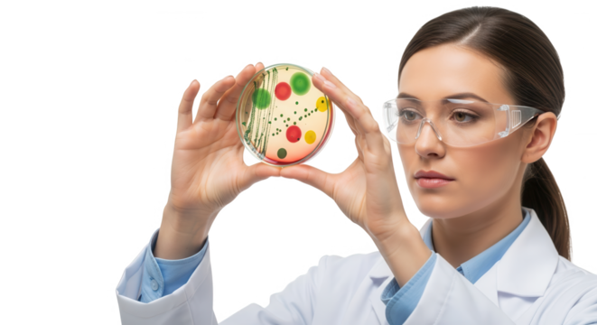 Female scientist examining a petri dish with colorful colonies, isolated on transparent background