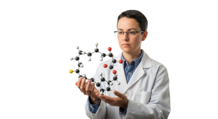 Scientist holding a molecular model of a complex organic compound, isolated on transparent background