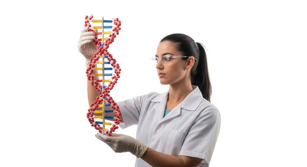 Woman in lab coat and gloves holding a dna model, isolated on transparent background