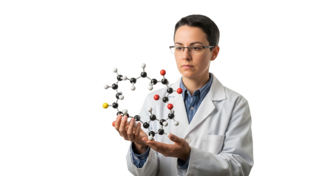 Scientist holding a molecular model of a complex organic compound, isolated on transparent background