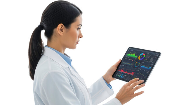 Female scientist in lab coat examining data on a tablet computer, isolated on transparent background