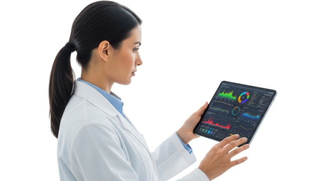 Female scientist in lab coat examining data on a tablet computer, isolated on transparent background