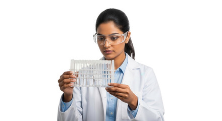 A female scientist in a lab coat and safety glasses examines a rack of test tubes, isolated on transparent background