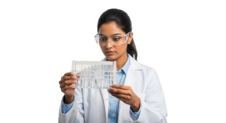 A female scientist in a lab coat and safety glasses examines a rack of test tubes, isolated on transparent background