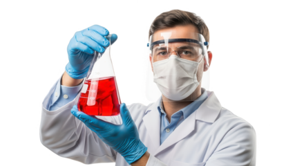 A male scientist wearing a lab coat, mask, face shield, and gloves holds a flask with red liquid, isolated on transparent background