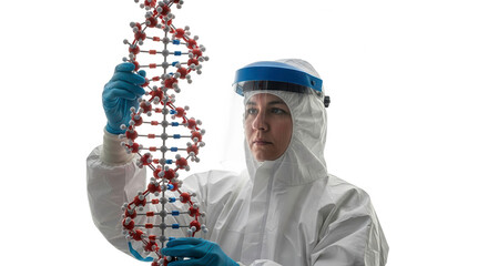 Researcher in protective suit holding dna model isolated on transparent background