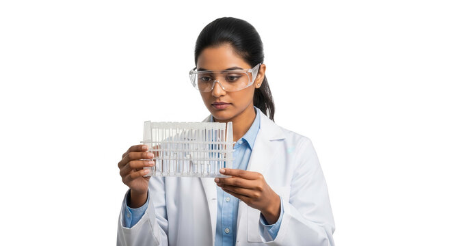 A female scientist in a lab coat and safety glasses examines a rack of test tubes, isolated on transparent background - Powered by Adobe