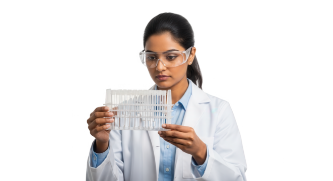 A female scientist in a lab coat and safety glasses examines a rack of test tubes, isolated on transparent background