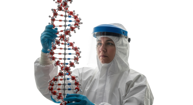 Researcher in protective suit holding dna model isolated on transparent background