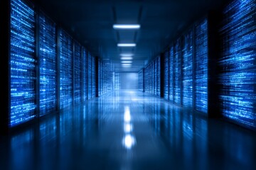 Modern Data Center with Rows of Server Racks and Blue Light