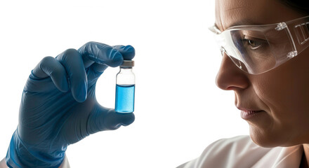 Closeup of a scientists gloved hand holding a small vial with blue liquid, isolated on transparent background