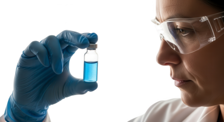 Closeup of a scientists gloved hand holding a small vial with blue liquid, isolated on transparent background