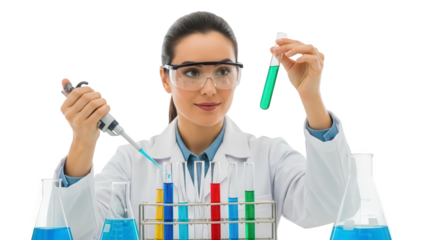Female scientist in lab coat and goggles conducting experiment with test tubes and pipette isolated on transparent background