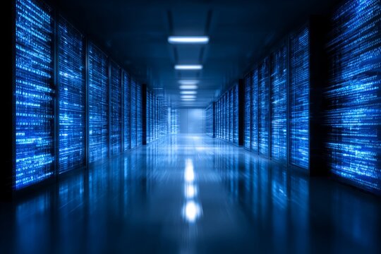 Modern Data Center with Rows of Server Racks and Blue Light