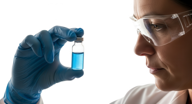 Closeup of a scientists gloved hand holding a small vial with blue liquid, isolated on transparent background
