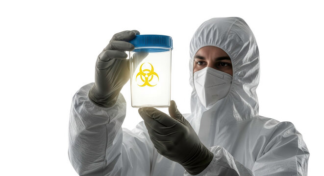 Scientist in protective hazmat suit holding a biohazard sample in a jar isolated on transparent background