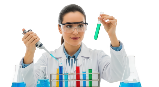 Female scientist in lab coat and goggles conducting experiment with test tubes and pipette isolated on transparent background