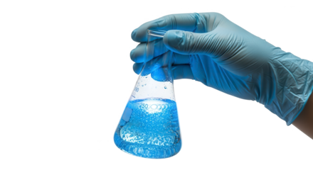 Hand wearing blue glove holding a flask with blue liquid and bubbles, isolated on transparent background