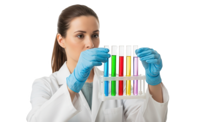 Scientist in lab coat and blue gloves examining test tubes with colorful liquids, isolated on transparent background