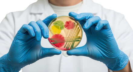 Scientist in blue gloves holding a petri dish with colorful bacterial cultures isolated on transparent background