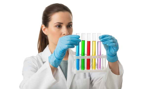 Scientist in lab coat and blue gloves examining test tubes with colorful liquids, isolated on transparent background