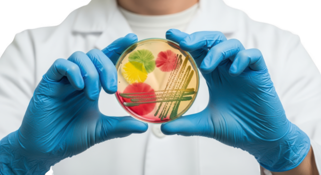 Scientist in blue gloves holding a petri dish with colorful bacterial cultures isolated on transparent background