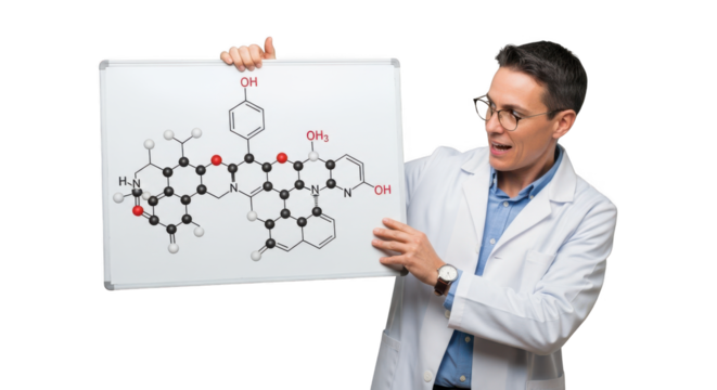 Scientist pointing at a whiteboard with a complex chemical molecular structure isolated on transparent background