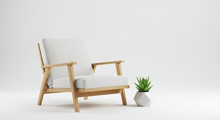 A light wood framed chair with a white cushion sits next to a small geometric plant pot indoors.