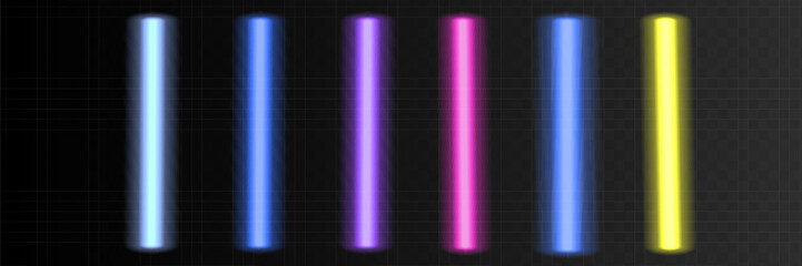 Pink neon tube lamp set. Glowing led light line beam collection. Bright luminous fluorescent bar stick lines.