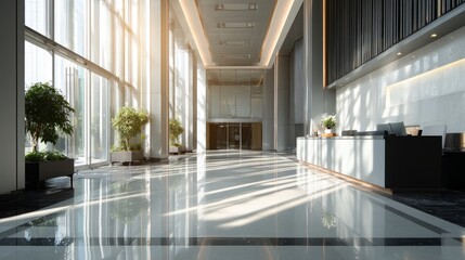 Modern and bright office lobby with large windows and plants