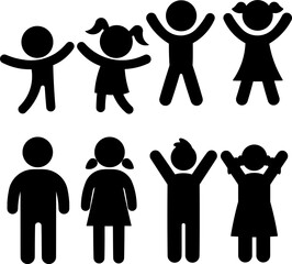 Set of Cheerful Stick Figure Kids and Children Icons