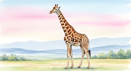 Obraz premium Majestic giraffe standing tall in a beautiful savanna landscape painting